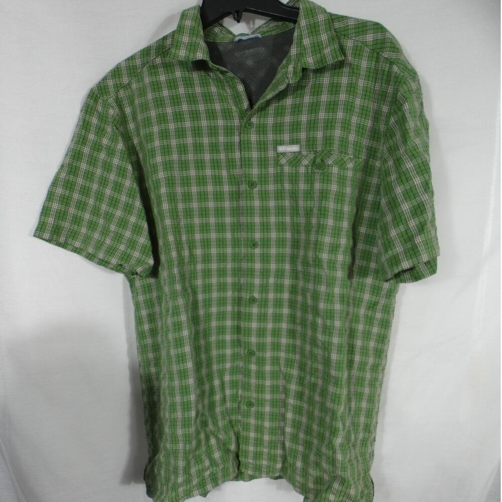 Columbia Men's Button Up Collared Athleisure Shirt Green/White Fishing Hiking
